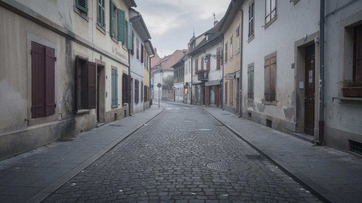Quiet stone street in a Central European old town in early morning light, shuttered windows and empty pavement